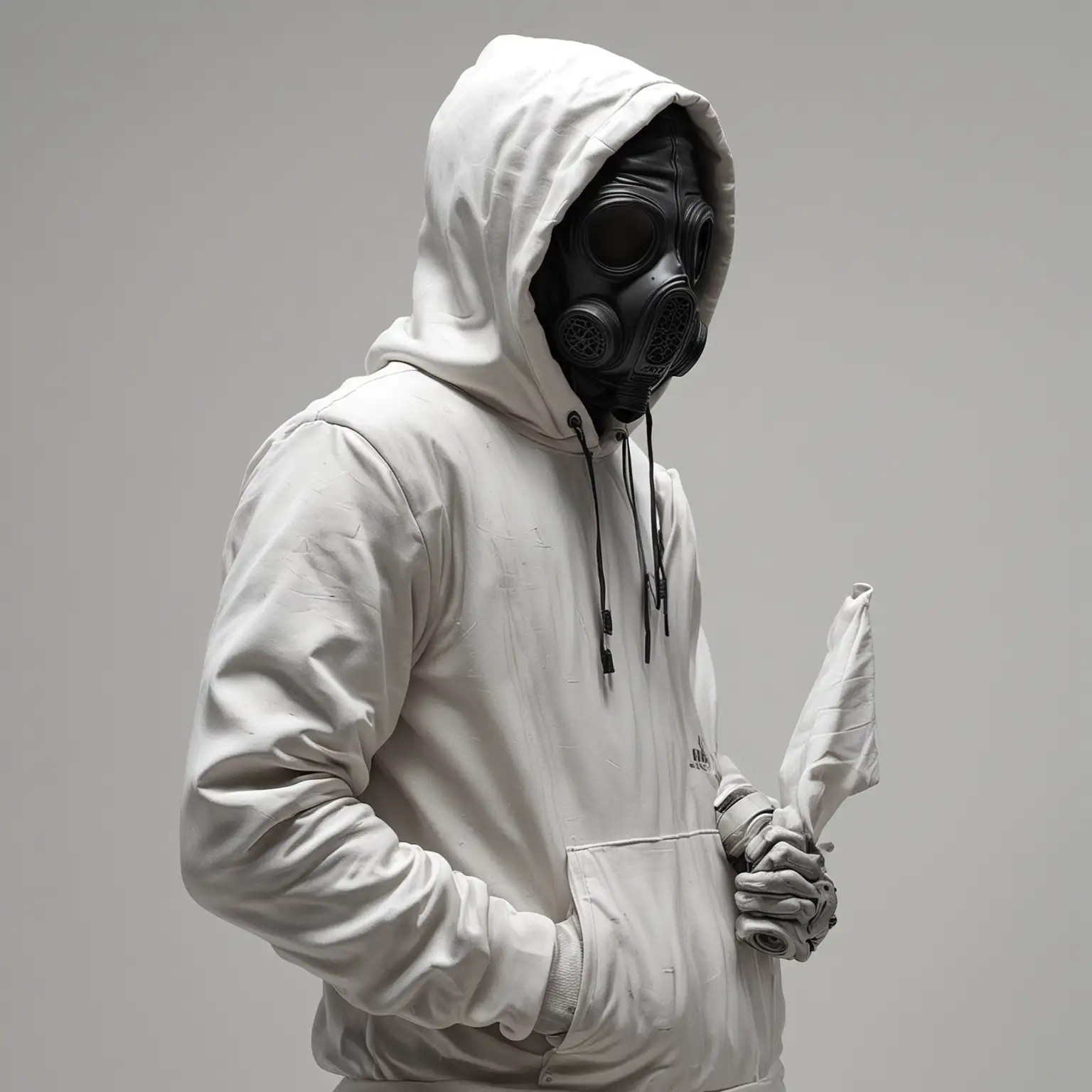 Hyperrealistic White Sculpture of Graffiti Vandal with Gas Mask and Flag