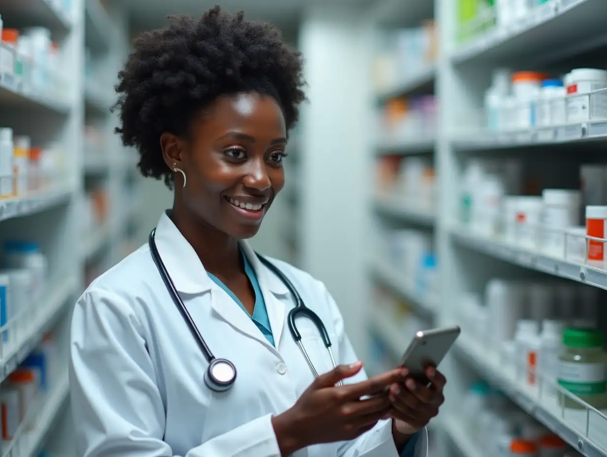 Black woman, tablet and pharmacist with stock for medicine storage, check inventory or quality inspection. Tech, pharmacy and medical worker with drugs for online prescription order and health info