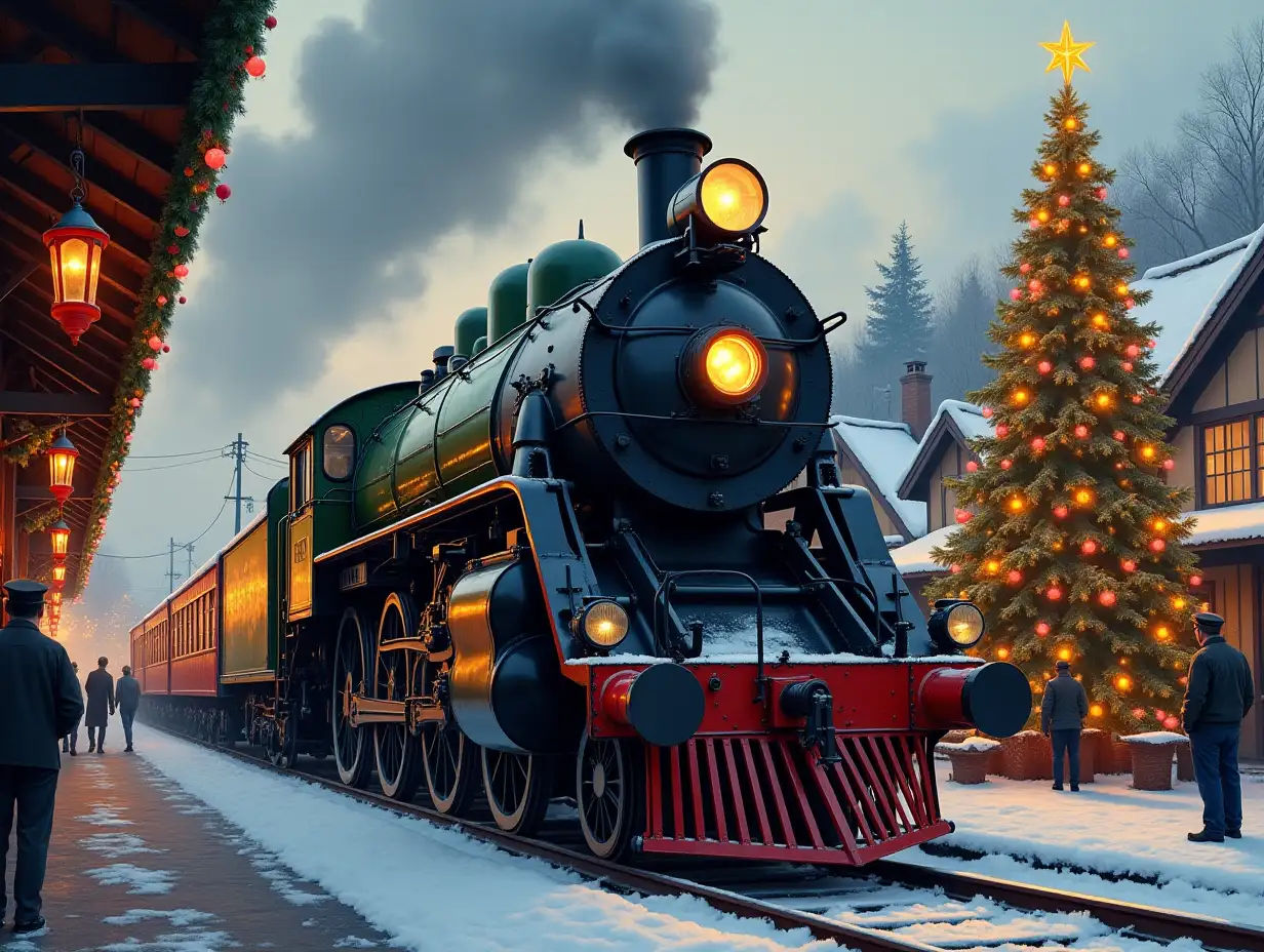 Ultra-detailed hyperrealistic portrait of a 50s steam locomotive at a train station, houses, decorated Christmas tree, lanterns and people with meticulously detailed, colorful