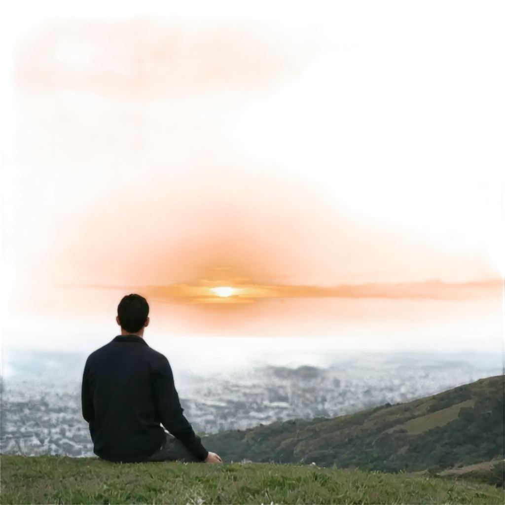 A man sitting on the edge of a hill looking at the sunrise from an almost distant view