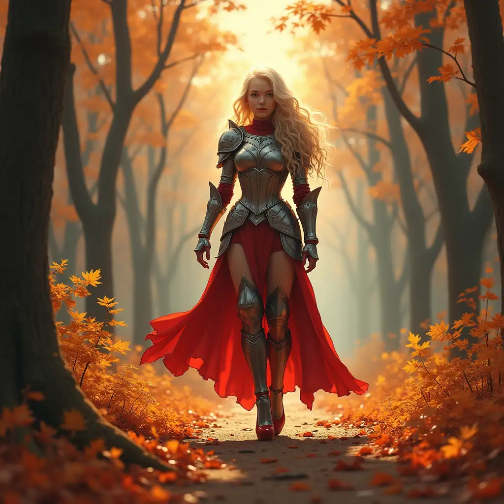 blonde haired ,very beutifull girl,with stilleto high heels with red bottom,with plated armor, in a path in a forrest with orange fallen leafs, in a style of fantasy,capturing high-quality concept art aesthetics,highly detailed, sharp focus on the armor and body,ethereal glow, dramatic clouds, vibrant color palette,warm color tones, with soft gradients