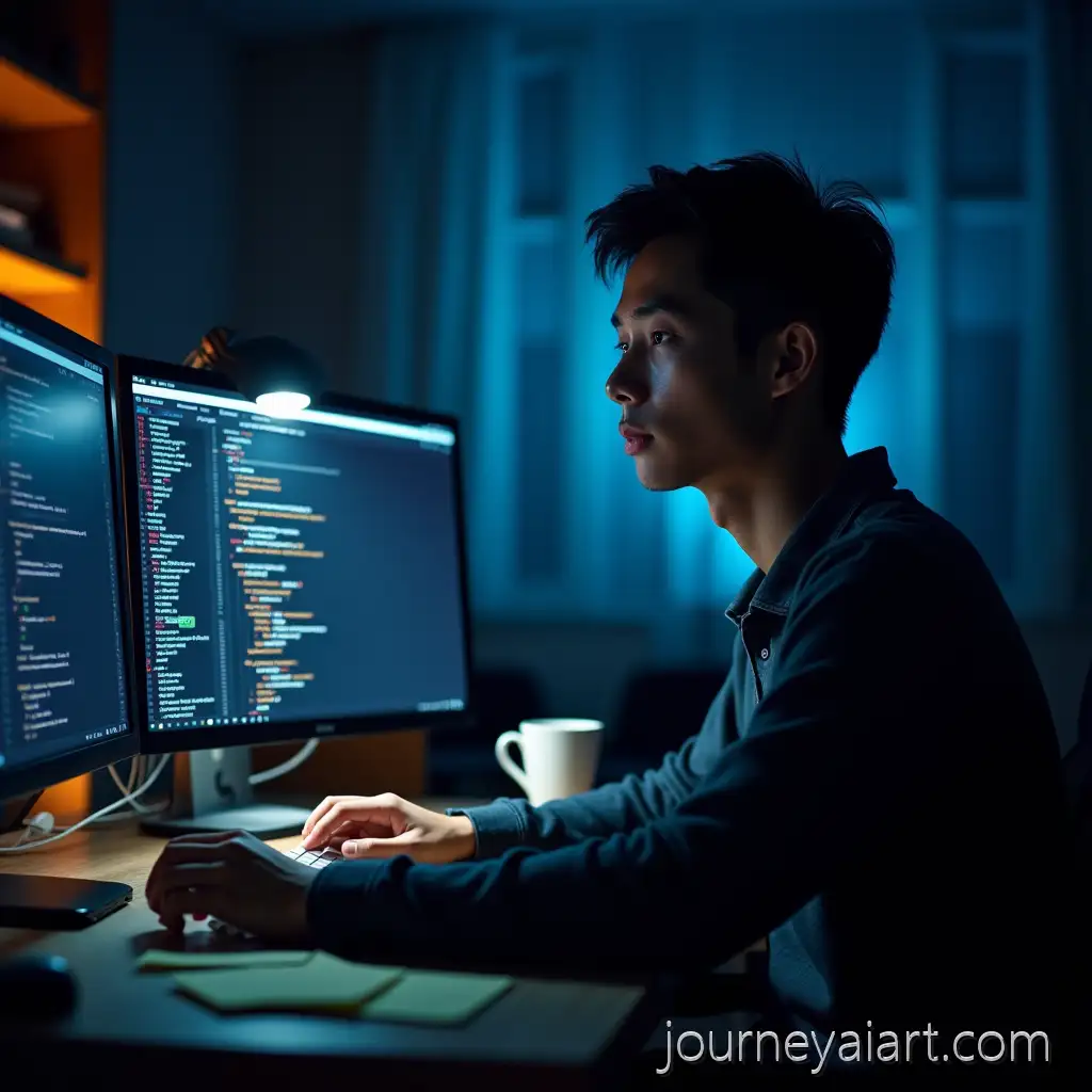 Young-Programmer-Working-LateProgrammer-working-late-at-Night-in-Dimly-Lit-Tech-Workspace