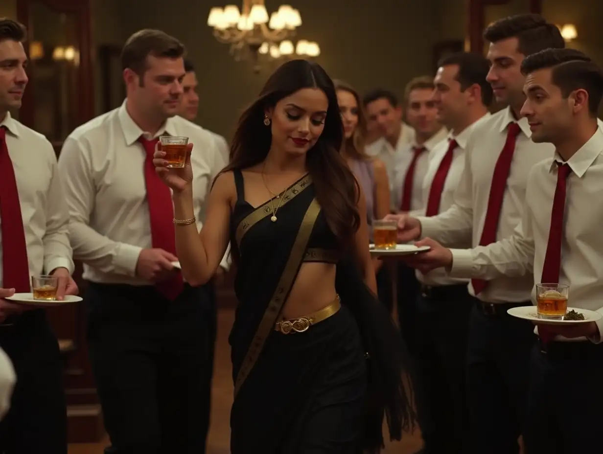 A item girl wearing black saree dancing with hand a whiskey cup, around her all the waiter wearing white shirt with red tie and black pant also dancing with plate on hand. Location in a bar and restaurant. Cinematic style