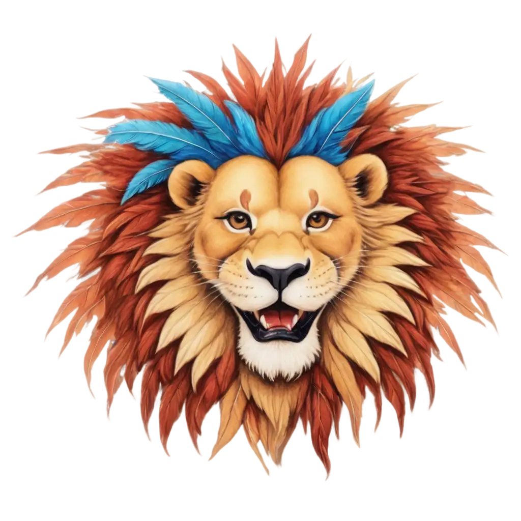 The lion is smiling wearing a feathered costume around the neck in a coloring book style.  There should be a white background with open space between the lines, leaving room for hand coloring.