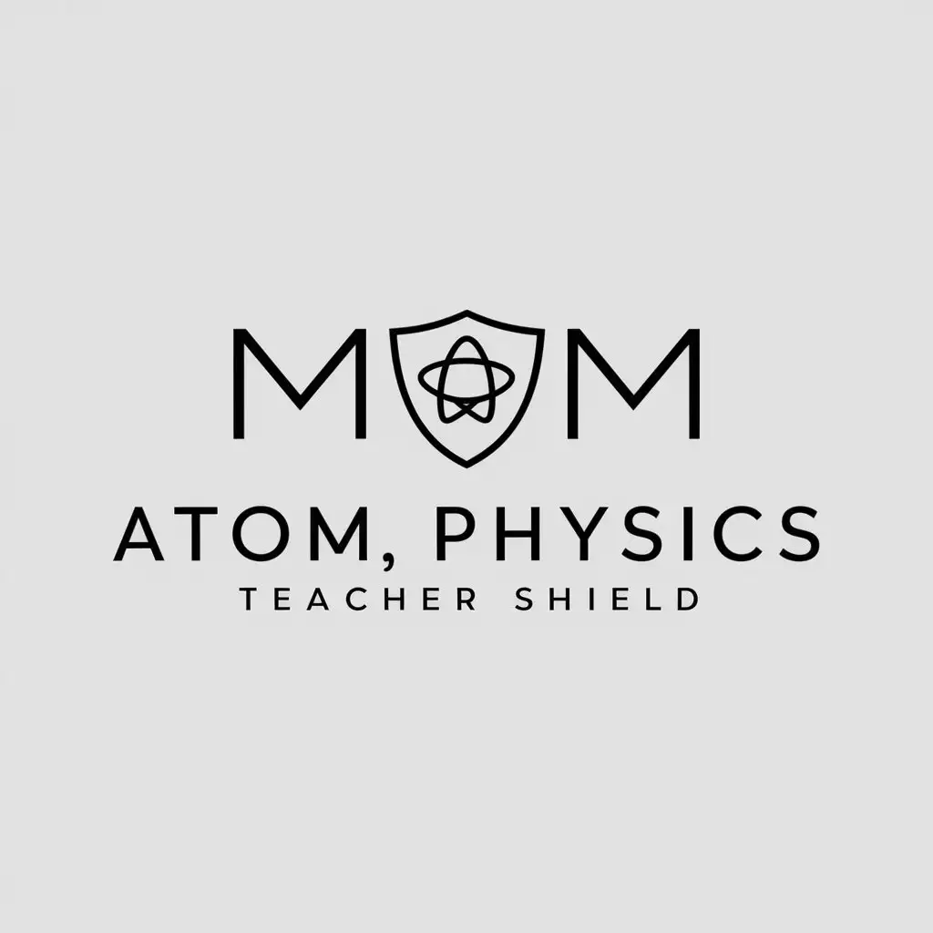 a logo design,with the text "Atom, physics, teacher, shield", main symbol:Letters MM and atom,Minimalistic,be used in Education industry,clear background