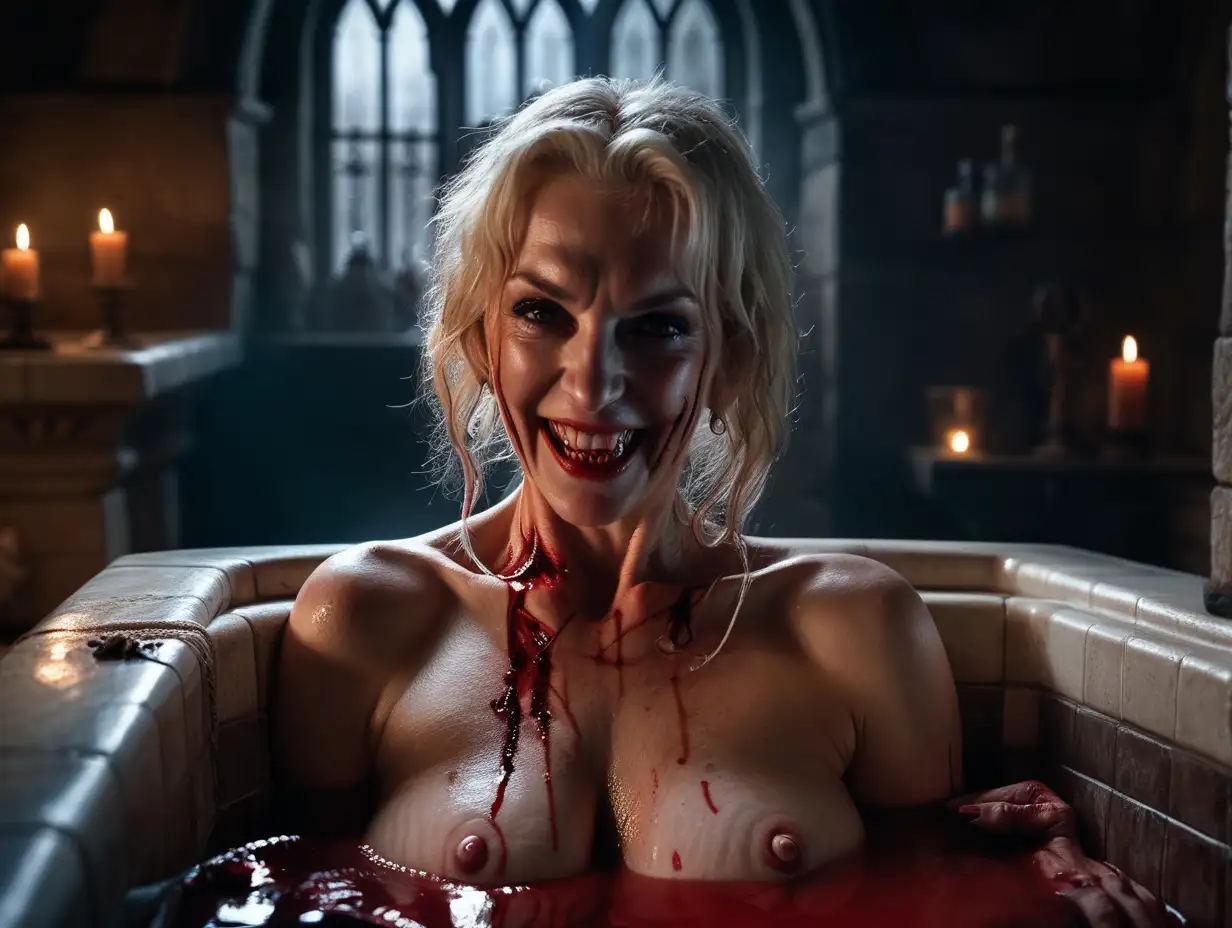 photo, realistic, sharp focus, hyperrealistic, hyperdetailed, photorealistic, 4k, HD, soft lighting, A milf naked evil angry smile vampire Sybil Danning in a medieval bathtub filled with blood