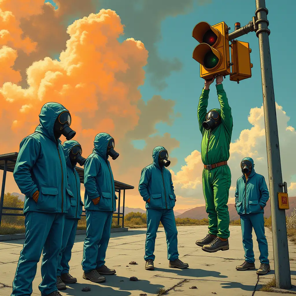 Apocalyptic-Scene-with-Gas-Masked-Men-and-Hanged-Figure-under-Orange-and-Blue-Clouds