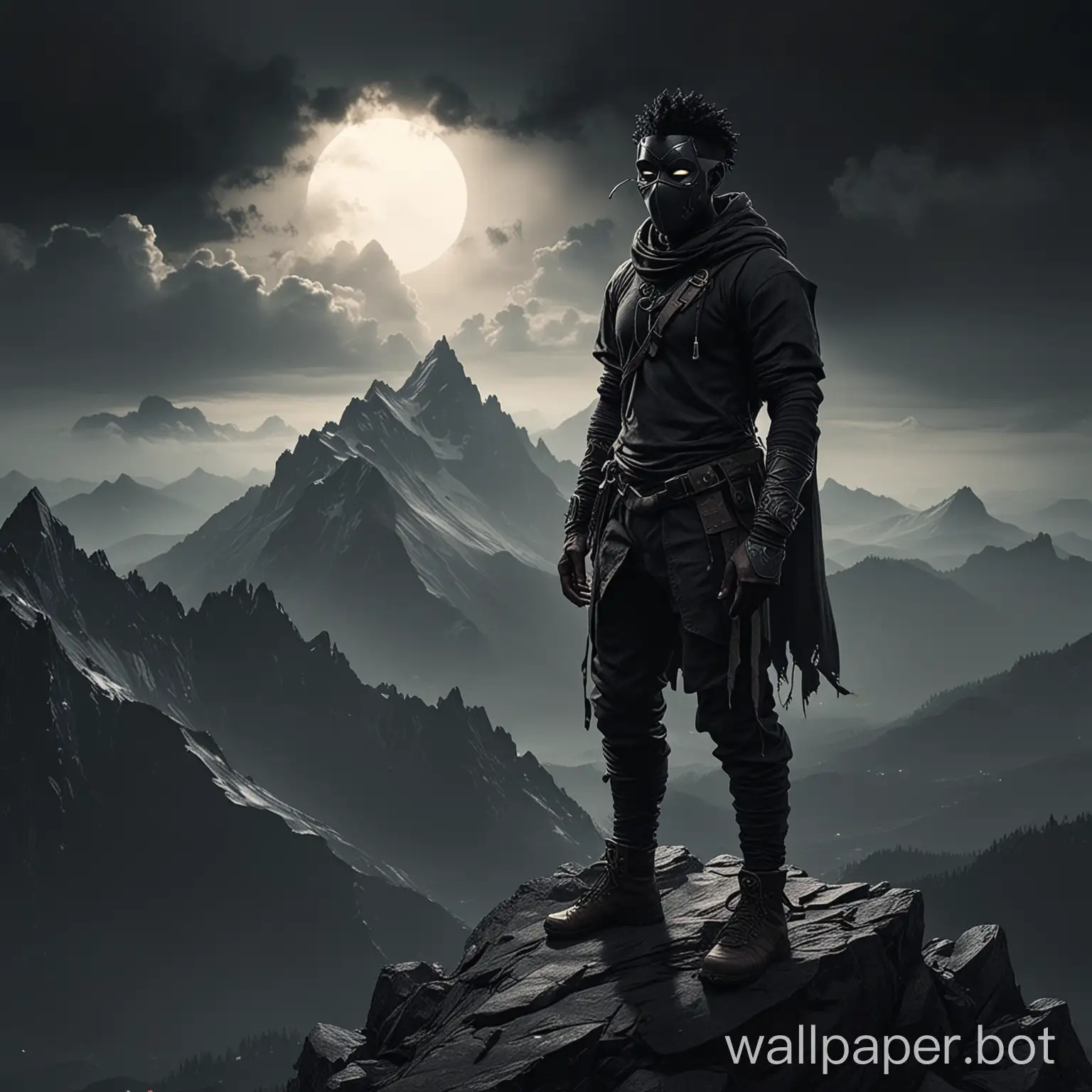 a black character with a mask, posed atop a mountain summit with a dark/sad atmosphere