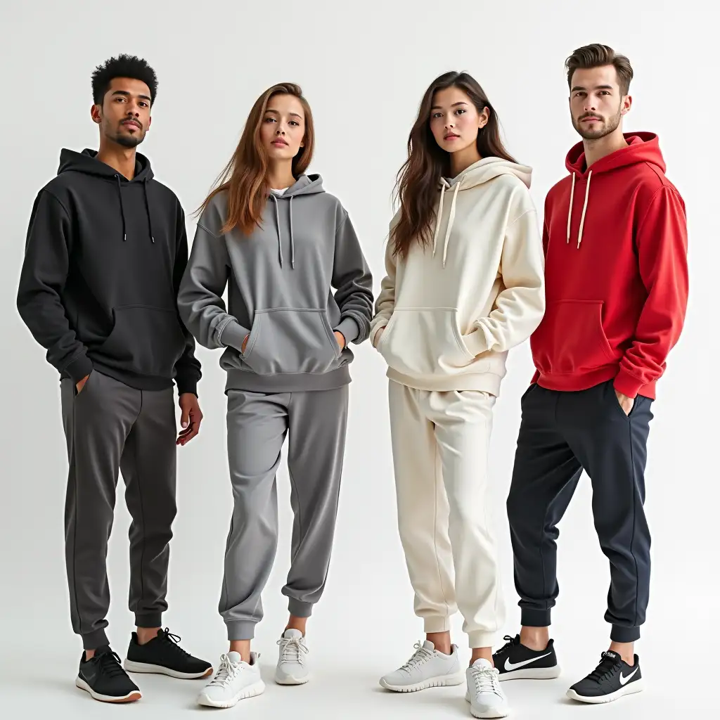 1 asian male model , 1 black male model  , 1 asian female model , 1 white female model wearing different color hoodies and sweatpants, all posing in different styles.