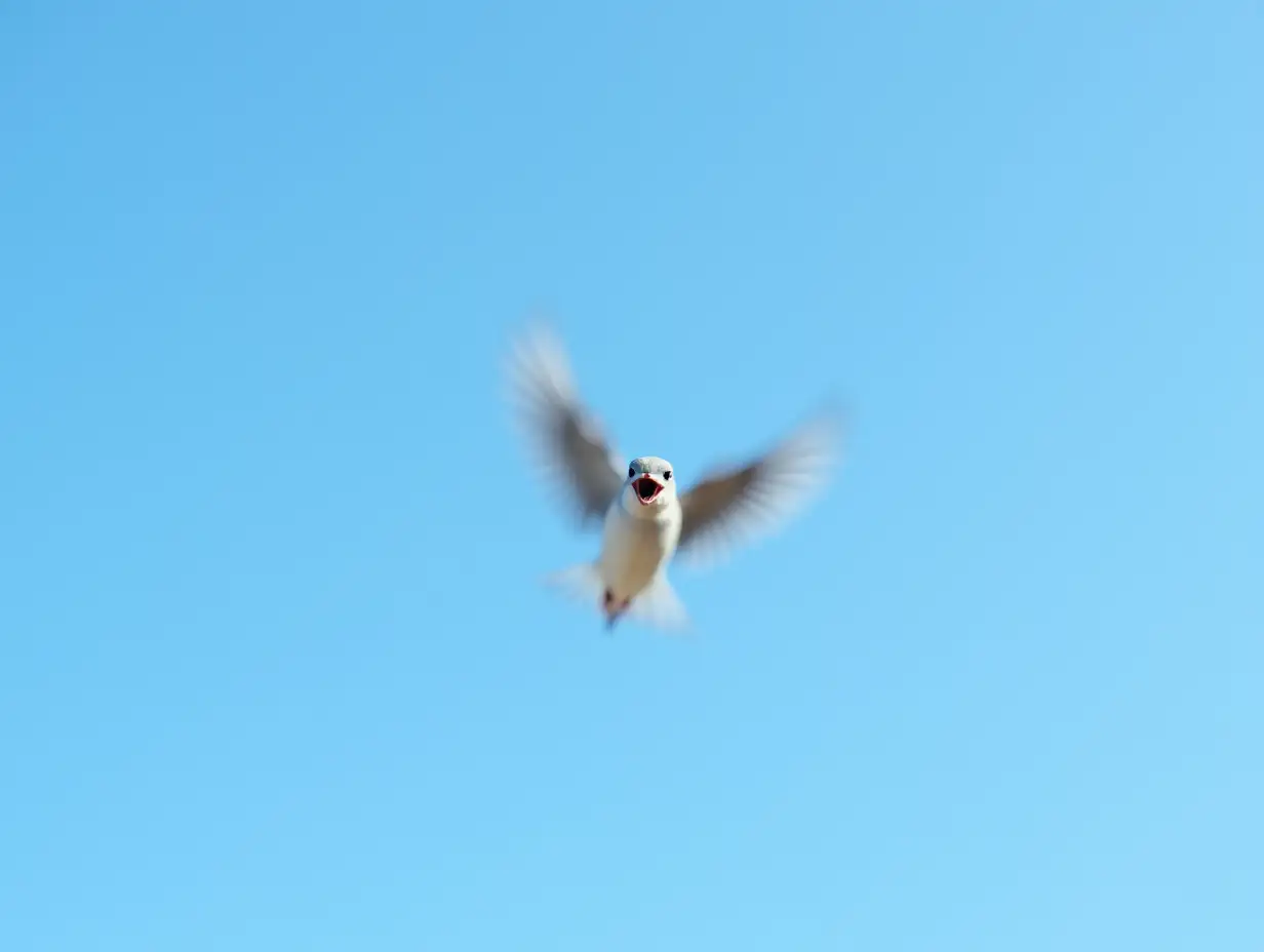 A small bird is flying happily in the blue sky. This bird looks cheerful, with light and spirited wings.