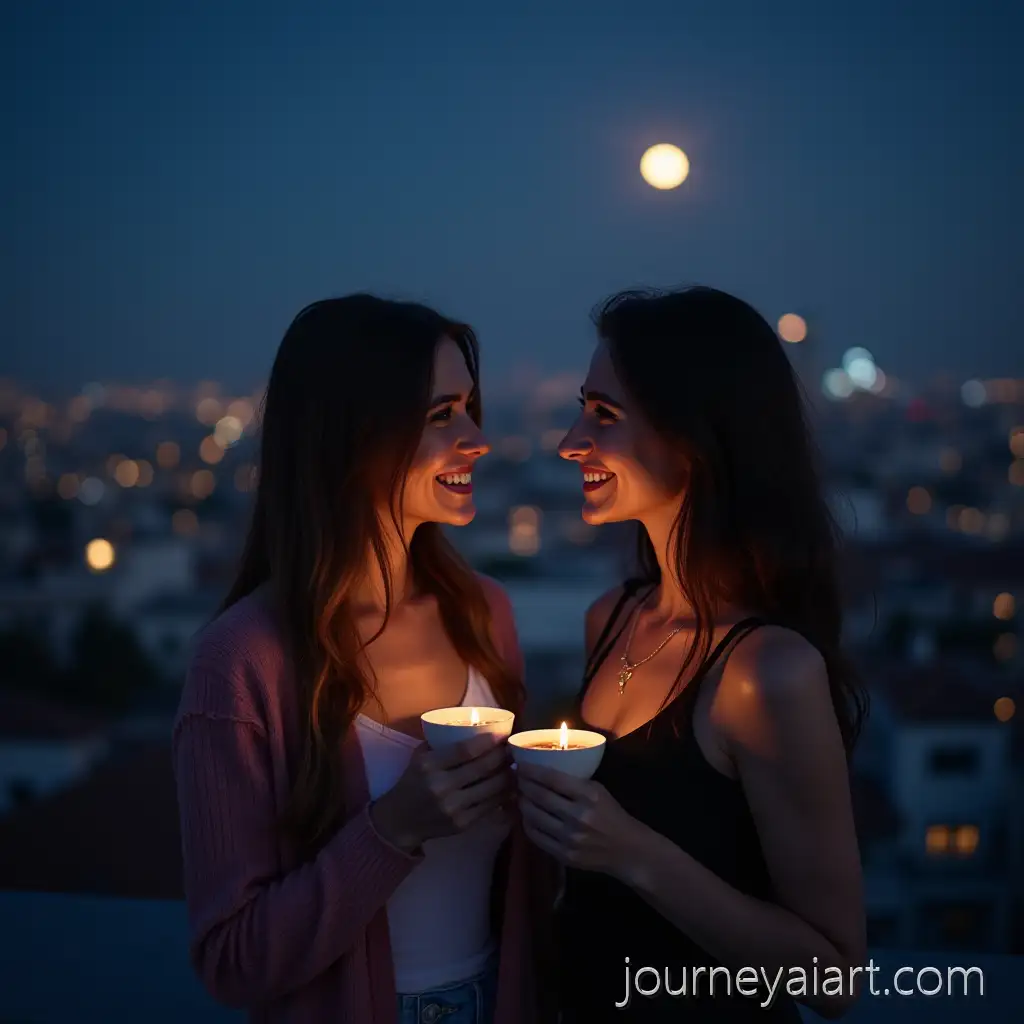 Two-Friends-Enjoying-Tea-on-a-RooRooftop-Friends-with-Teacupsftop-at-Night-with-City-Lights-and-Moonlight