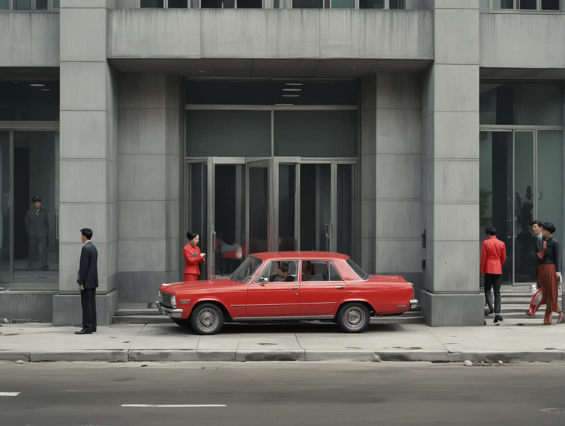 Male-Cadre-and-Female-Subordinate-Exiting-Red-Sedan-at-Grey-Office-Building-Entrance-1964-China-Digital-Art