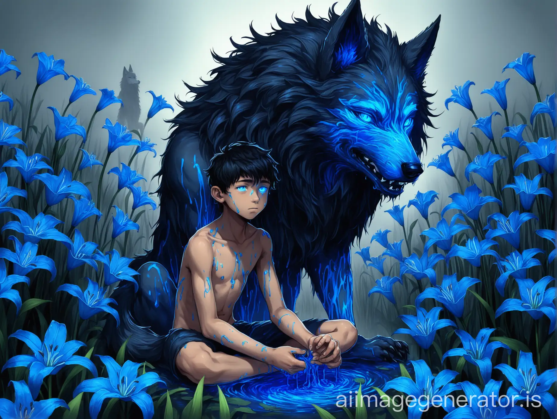 Teenage-Boy-with-Neon-Blue-Tears-and-Transparent-Hands-in-a-Field-of-Neon-Blue-Lilies