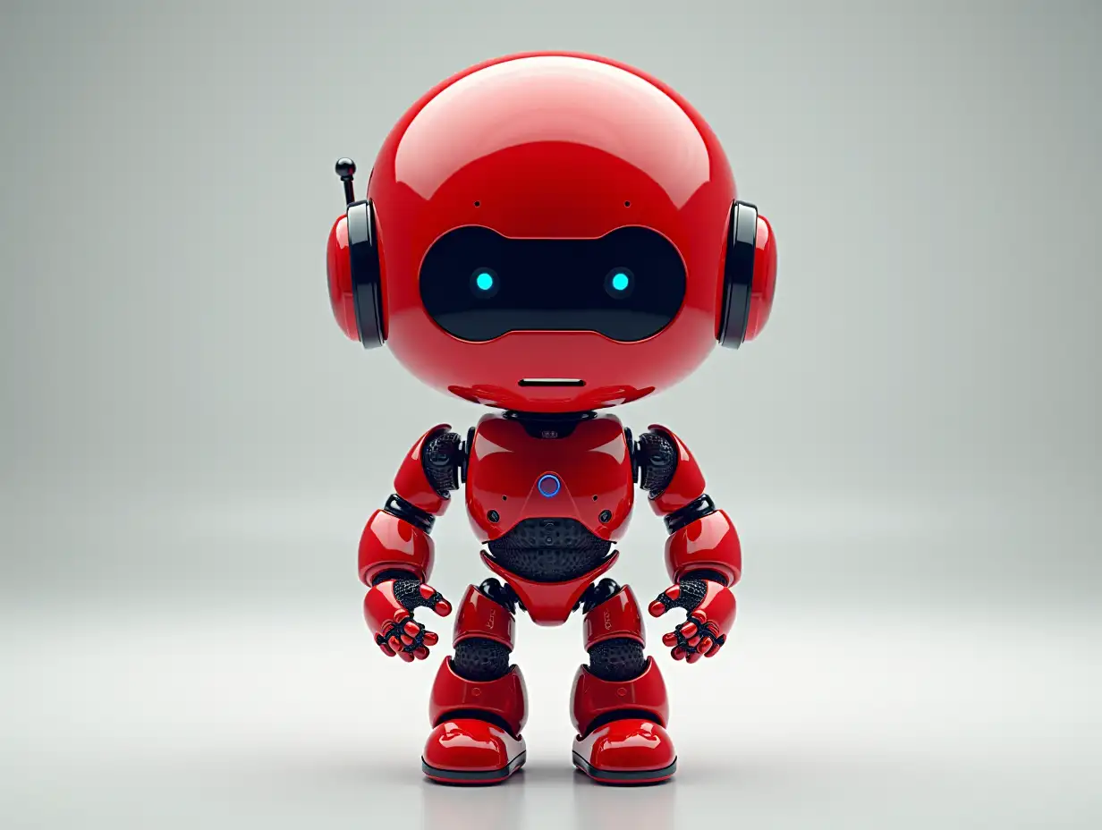 Create a high-resolution, realistic image of an AI Fractal colored red humanoid robot, on a photo studio floor with 4-k resolution.