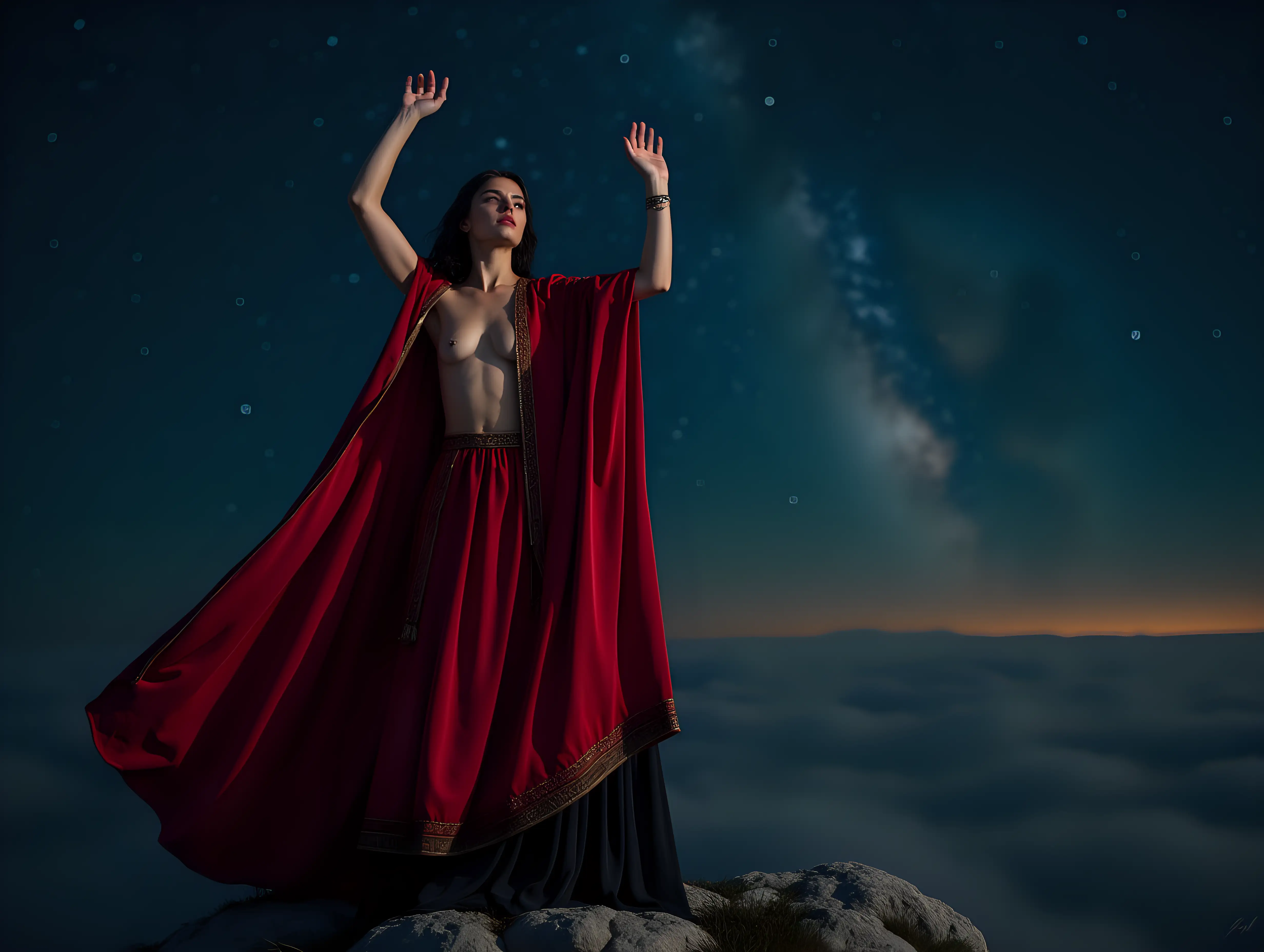 An adult woman wearing a long crimson cloak, arms raised and bare breasts, a long crimson skirt trimmed with gold and a black hem, standing on a precipice and looking down at the world below, background of starry night sky with the edge of the milky way visible, 8k, ultra realism