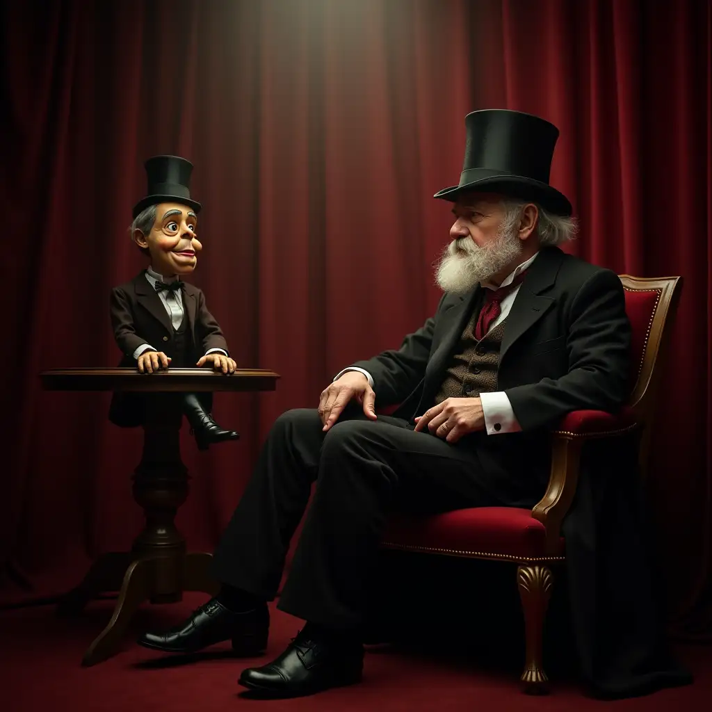 user_prompt: Scenario in a 1870 variety theatre, an old magician with his top hat and French mustache is sitting on the stage and on his knee there is a ventriloquist dummy, also dressed like a Monsieur of 1870, both are talking