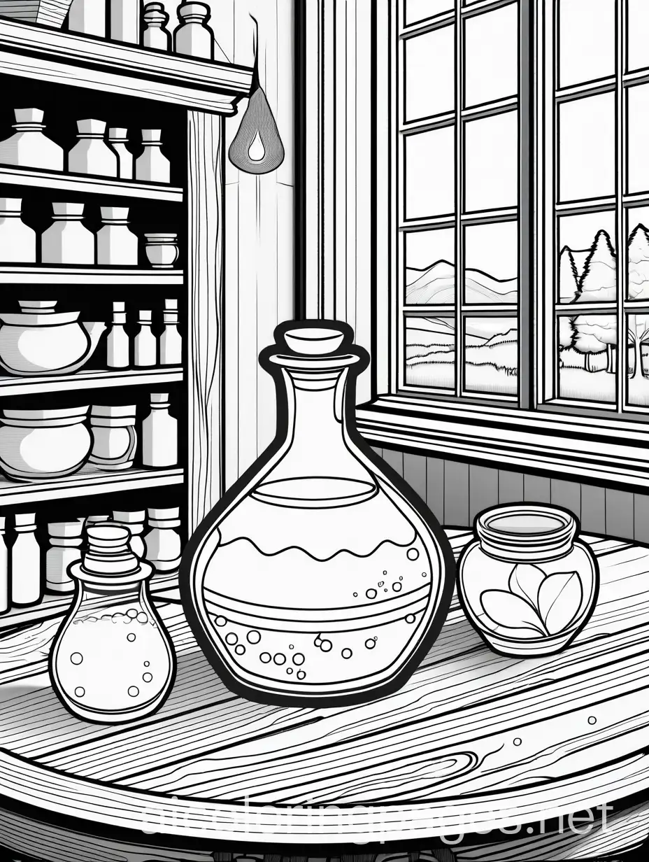 close up picture of a witch's potion bottle on a wooden table in her house in the woods, Coloring Page, black and white, line art, white background, Simplicity, Ample White Space. The background of the coloring page is plain white to make it easy for young children to color within the lines. The outlines of all the subjects are easy to distinguish, making it simple for kids to color without too much difficulty