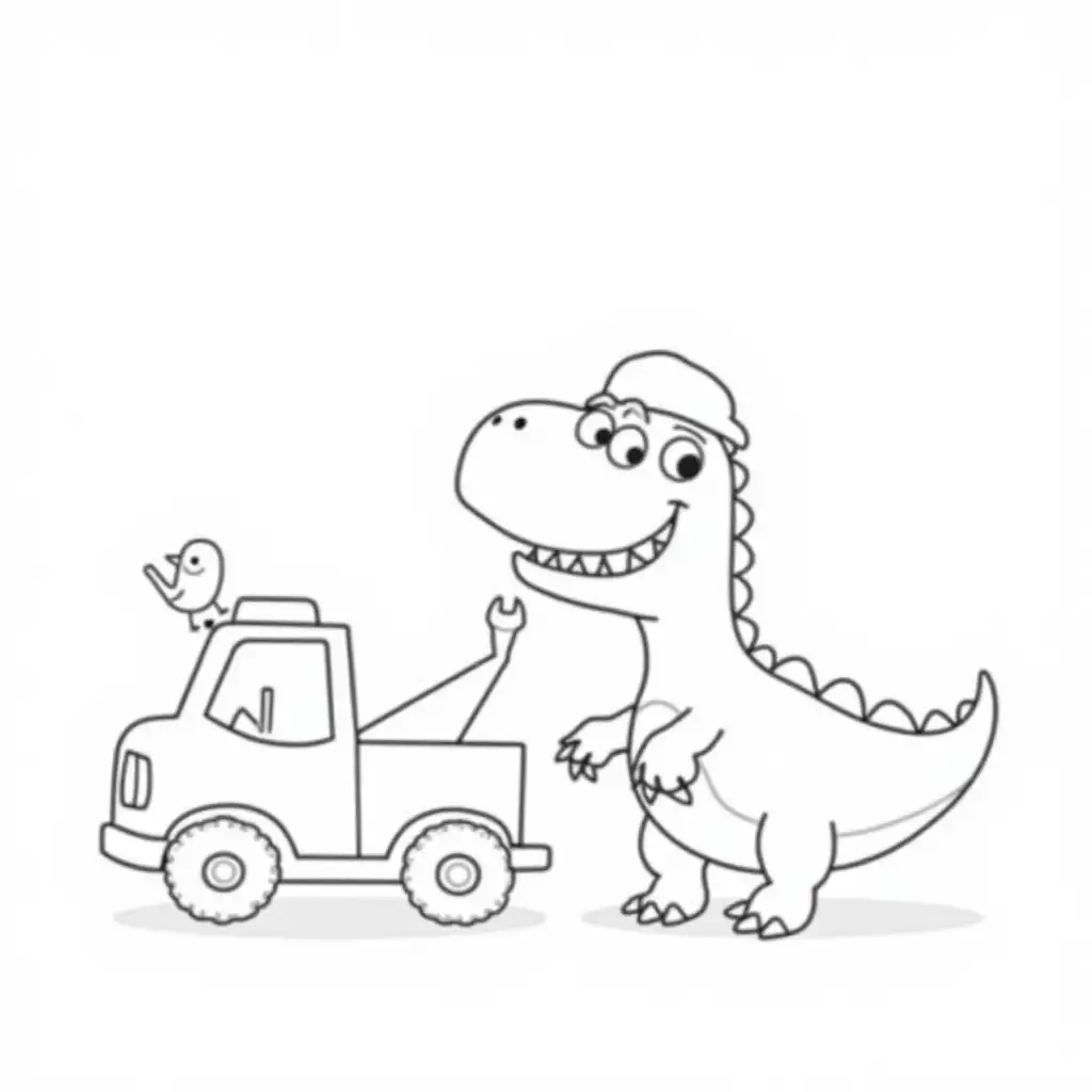 Cheerful-Dinosaur-Mechanic-with-Tow-Truck-and-Happy-Bird-Illustration-for-Kids