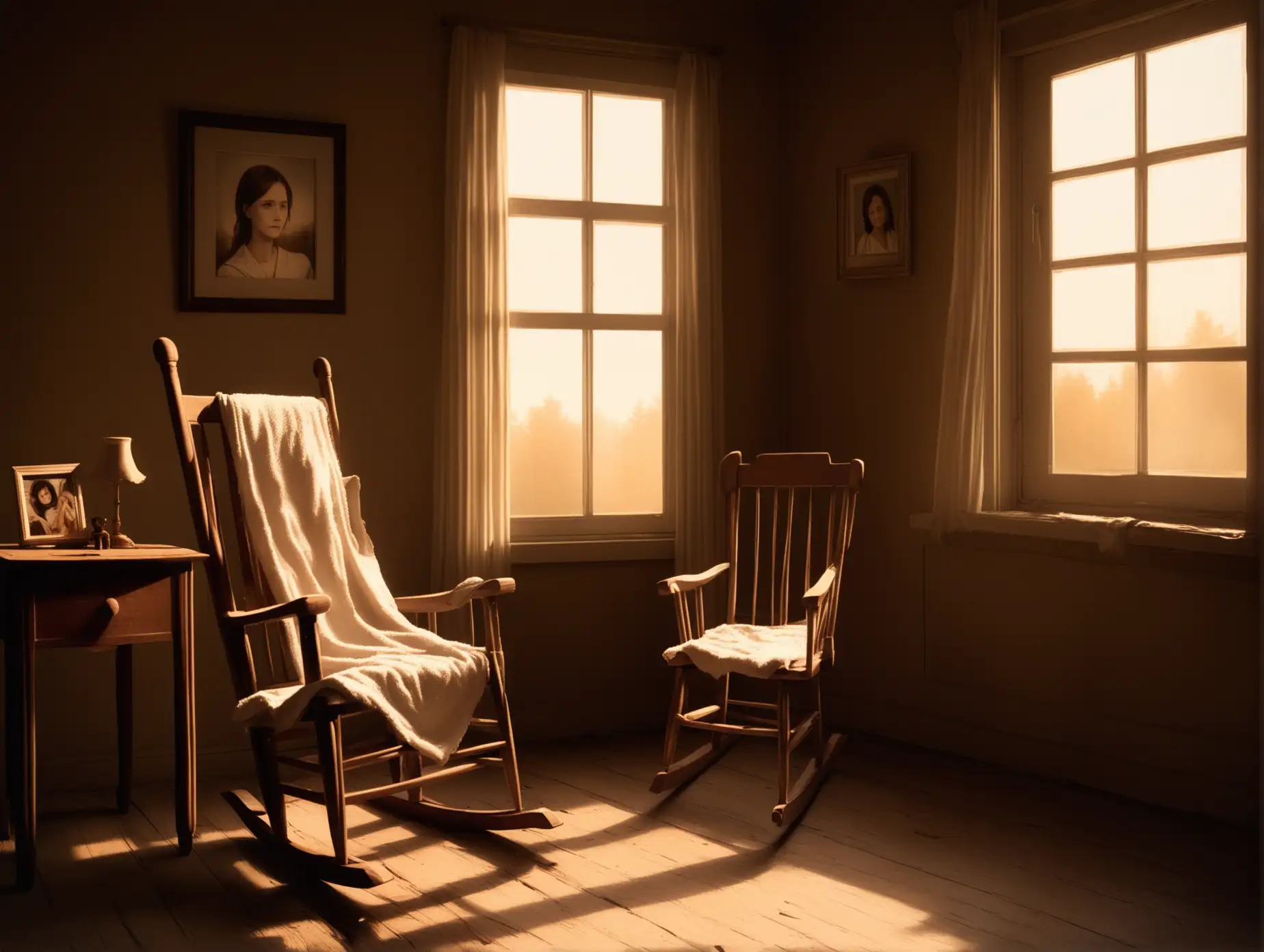 Empty-Rocking-Chair-by-a-Window-with-Framed-Photo-Symbolizing-Nostalgia-and-Maternal-Love