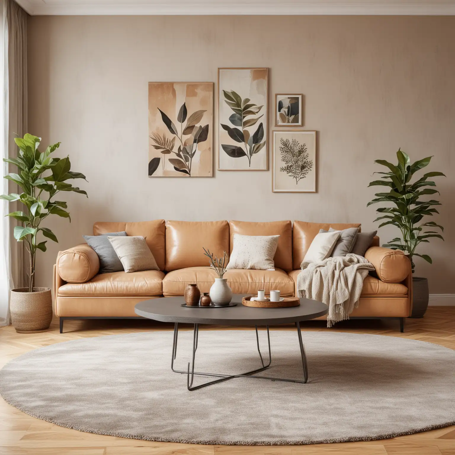 stylish and cozy living room interior. The main element is a corner sofa made of light leather, decorated with pillows of various textures and patterns. Next to it stands a round table with books and a small vase with a plant, which adds liveliness. On the wall hangs a bright abstract painting that attracts attention and creates an accent. The floor is covered with a soft carpet, and next to the sofa there is a decorative plant, giving freshness to the space. In general, the atmosphere of the room looks modern and comfortable, perfect for relaxation and communication.