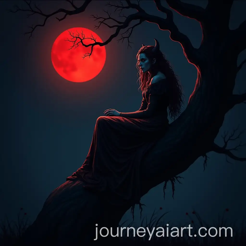 Demonic-Woman-Sitting-on-a-Tree-in-a-Dark-Fantasy-Forest-Under-a-Red-Moon
