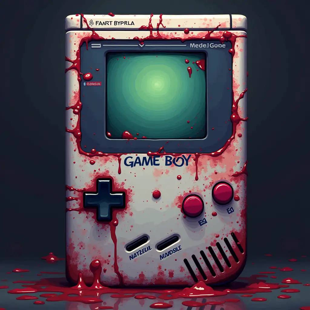 Wide and large GameBoy broken and bloodstained, veins and heart ache on the screen, digital pixel art