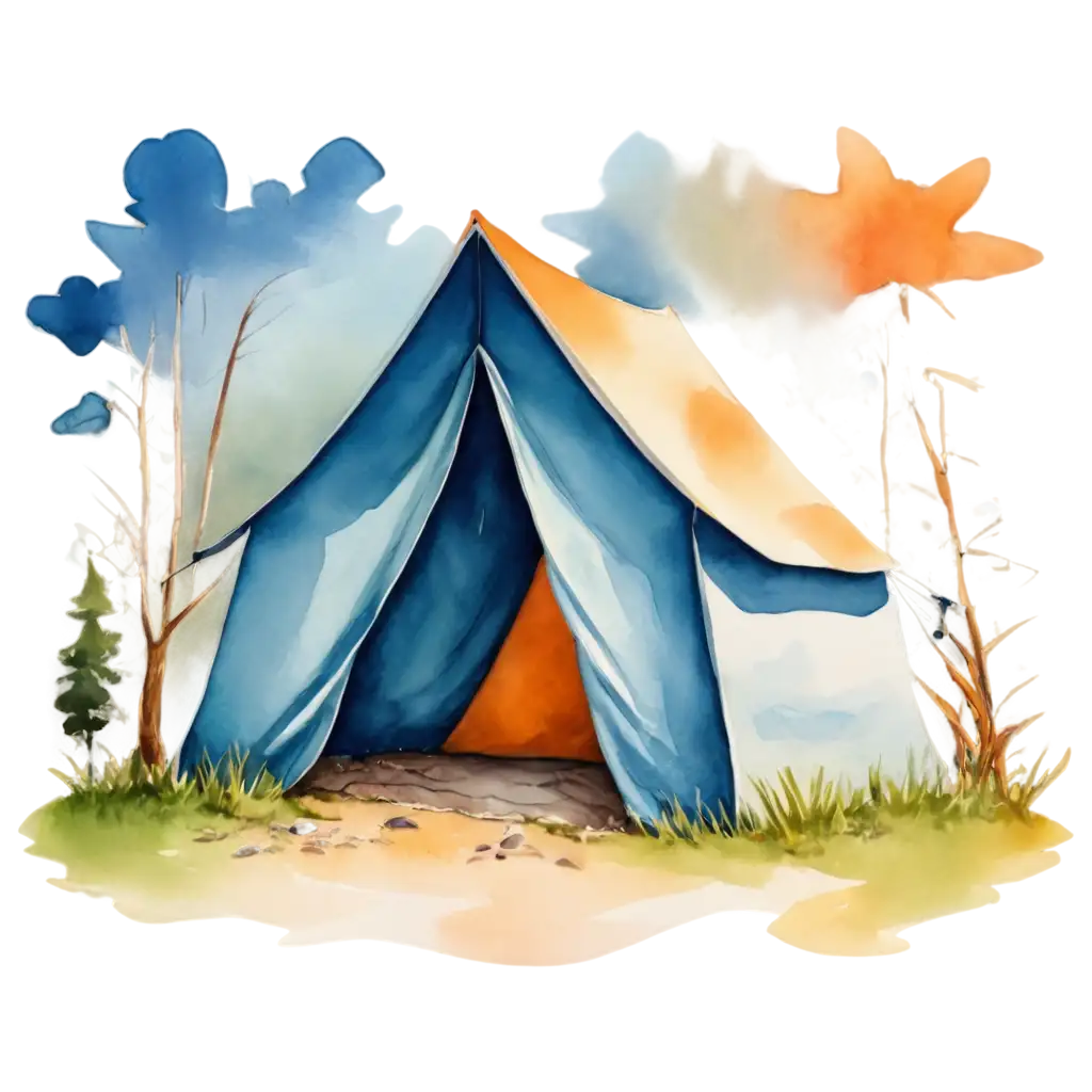 Whimsical-Watercolor-Camping-Tent-PNG-Illustration-with-Vibrant-Blue-and-Orange-Hues-Perfect-for-Outdoor-Adventure-Designs