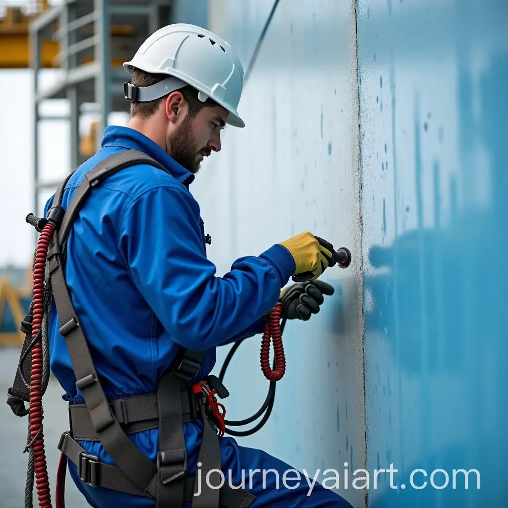 Offshore-Worker-in-Blue-Coverall-and-White-Helmet-Performing-Blasting-Painting-Work