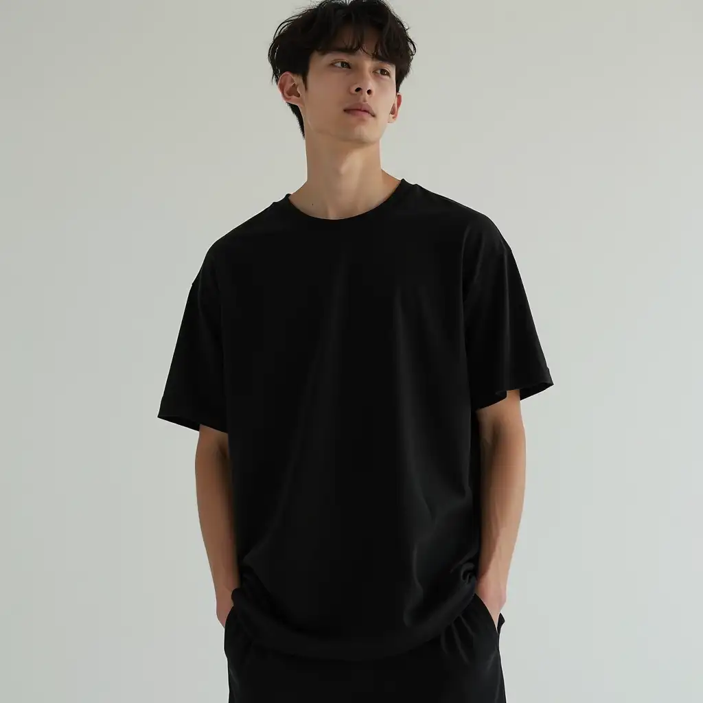 An asian model male wearing a black oversized tshirt and black sweatpants.