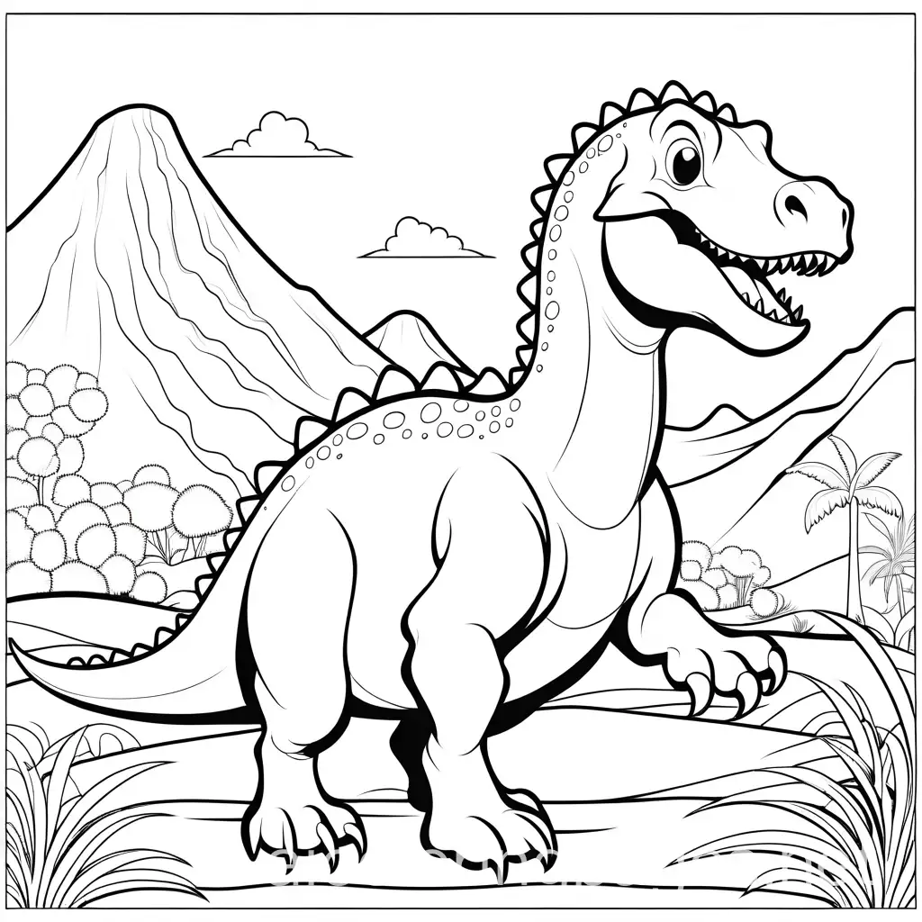 dinosaur, Coloring Page, black and white, line art, white background, Simplicity, Ample White Space. The background of the coloring page is plain white to make it easy for young children to color within the lines. The outlines of all the subjects are easy to distinguish, making it simple for kids to color without too much difficulty