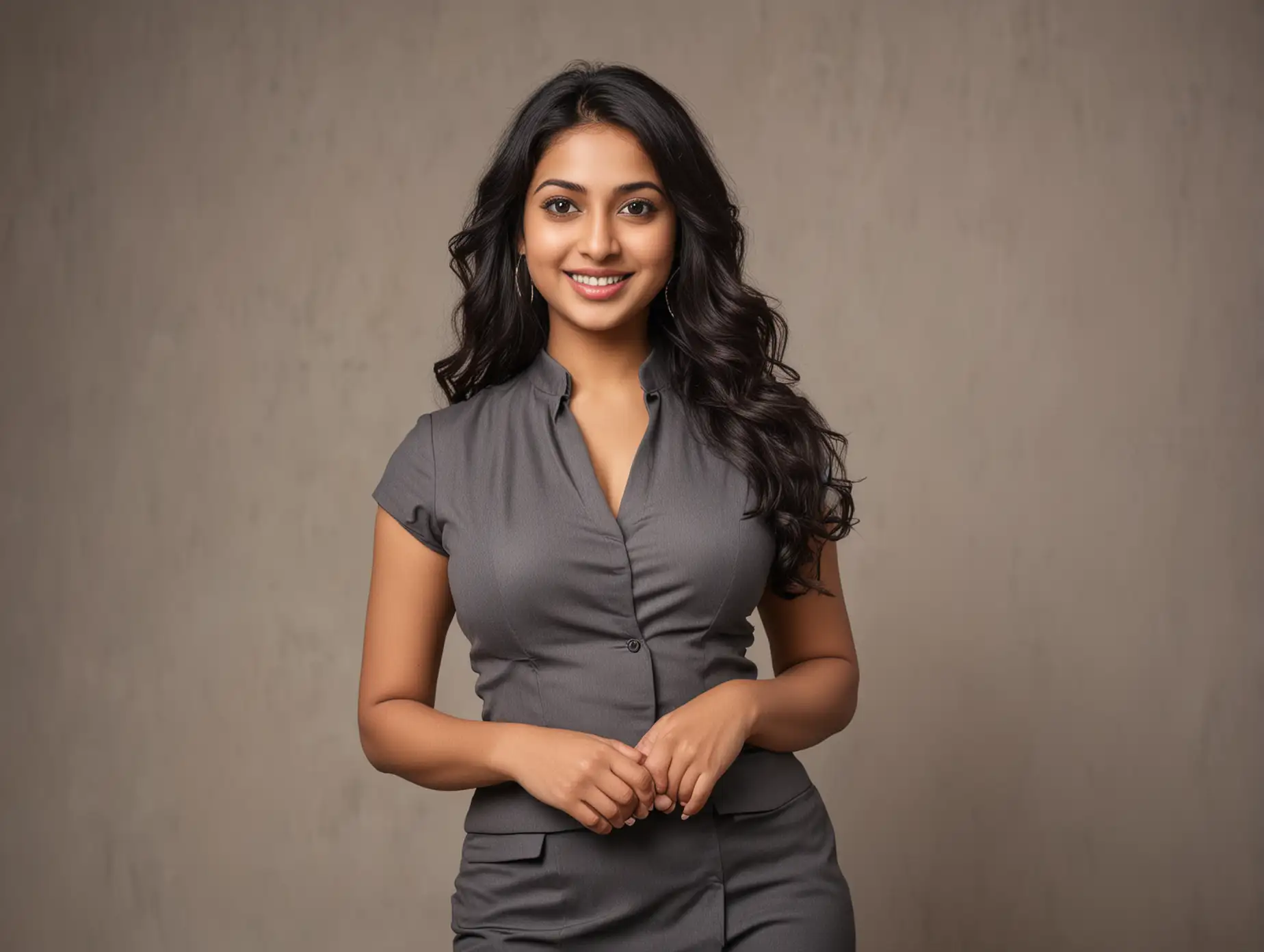 Portrait-of-a-Jovial-Indian-Woman-in-Formal-Attire-for-Corporate-Meeting