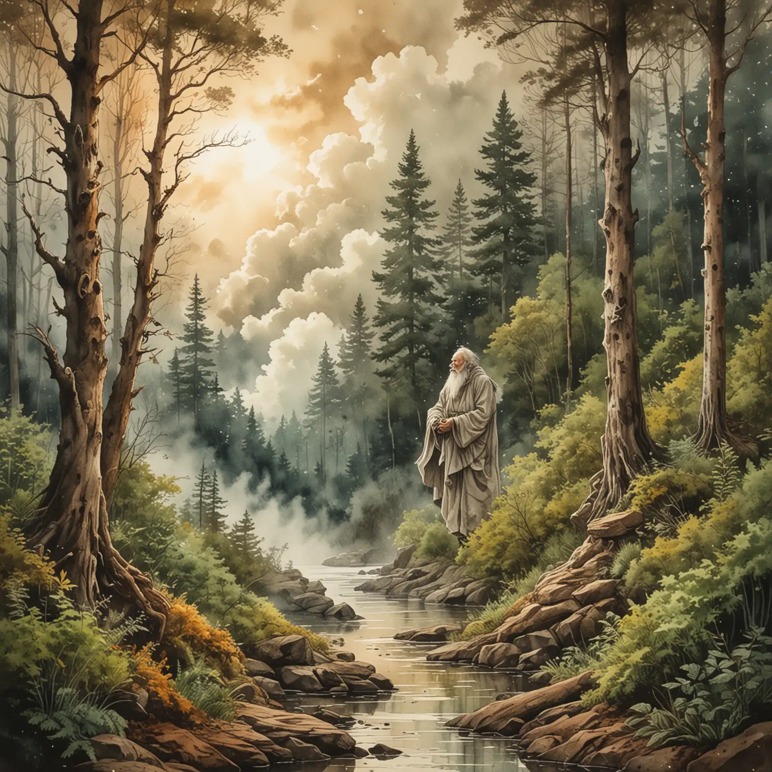 Fantasy Old Man Watercolor and Pencil Drawing in Forest Setting with Veiled Angel