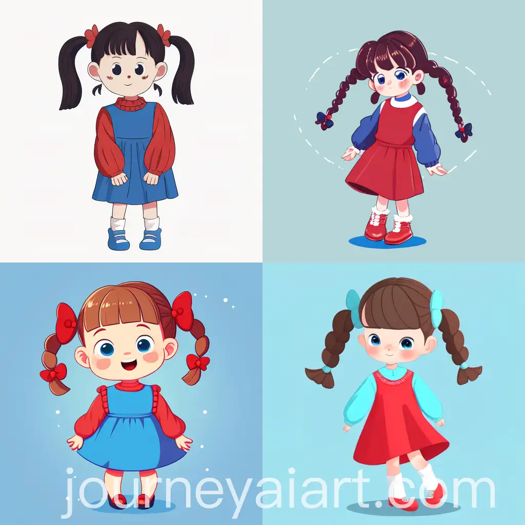 Little-Girl-in-Blue-Dress-with-Red-Sweater-Cartoon-Style-Full-Body-Portrait