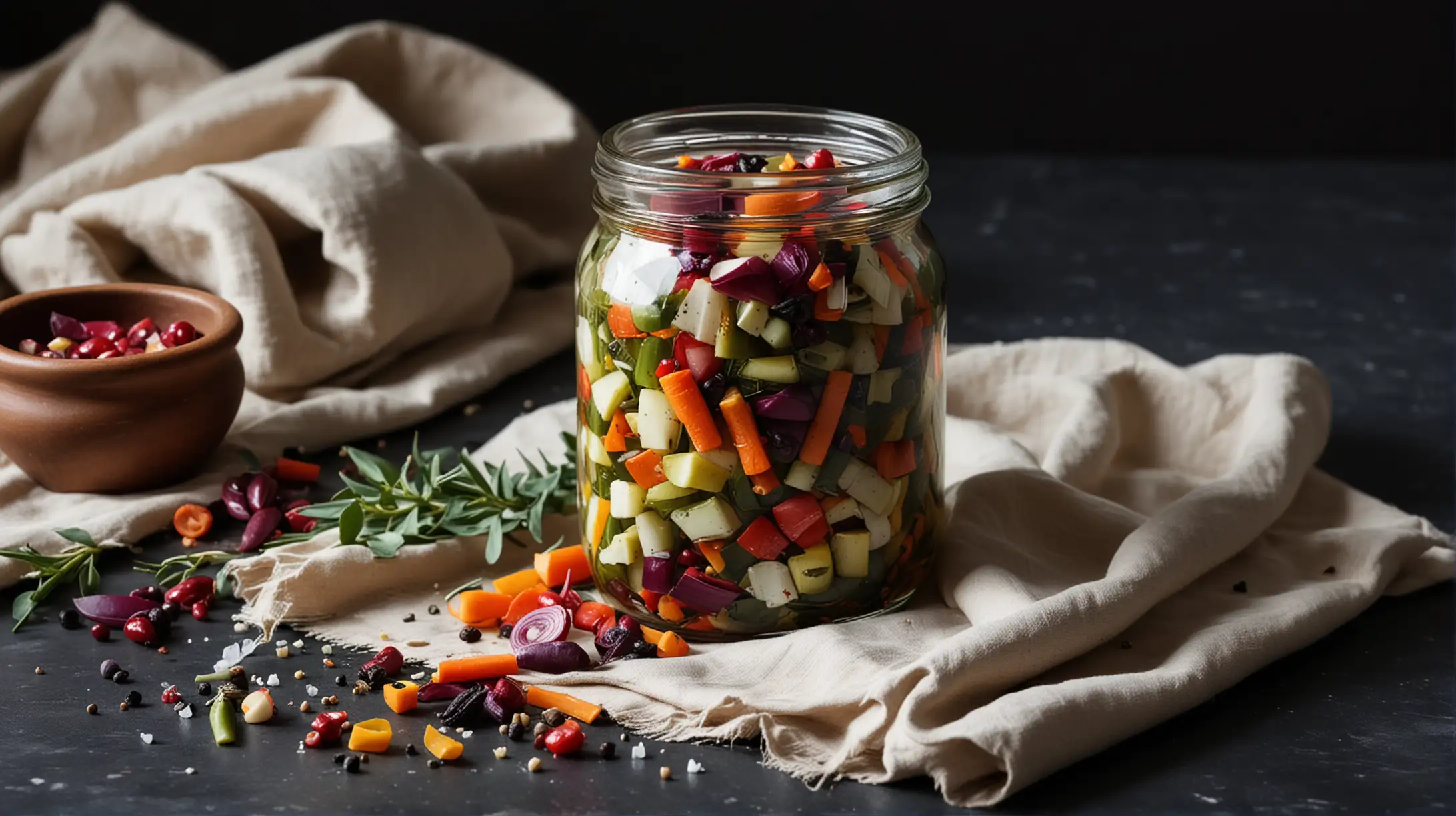 Colorful Pickled Vegetables Jar on Dark Kitchen Counter