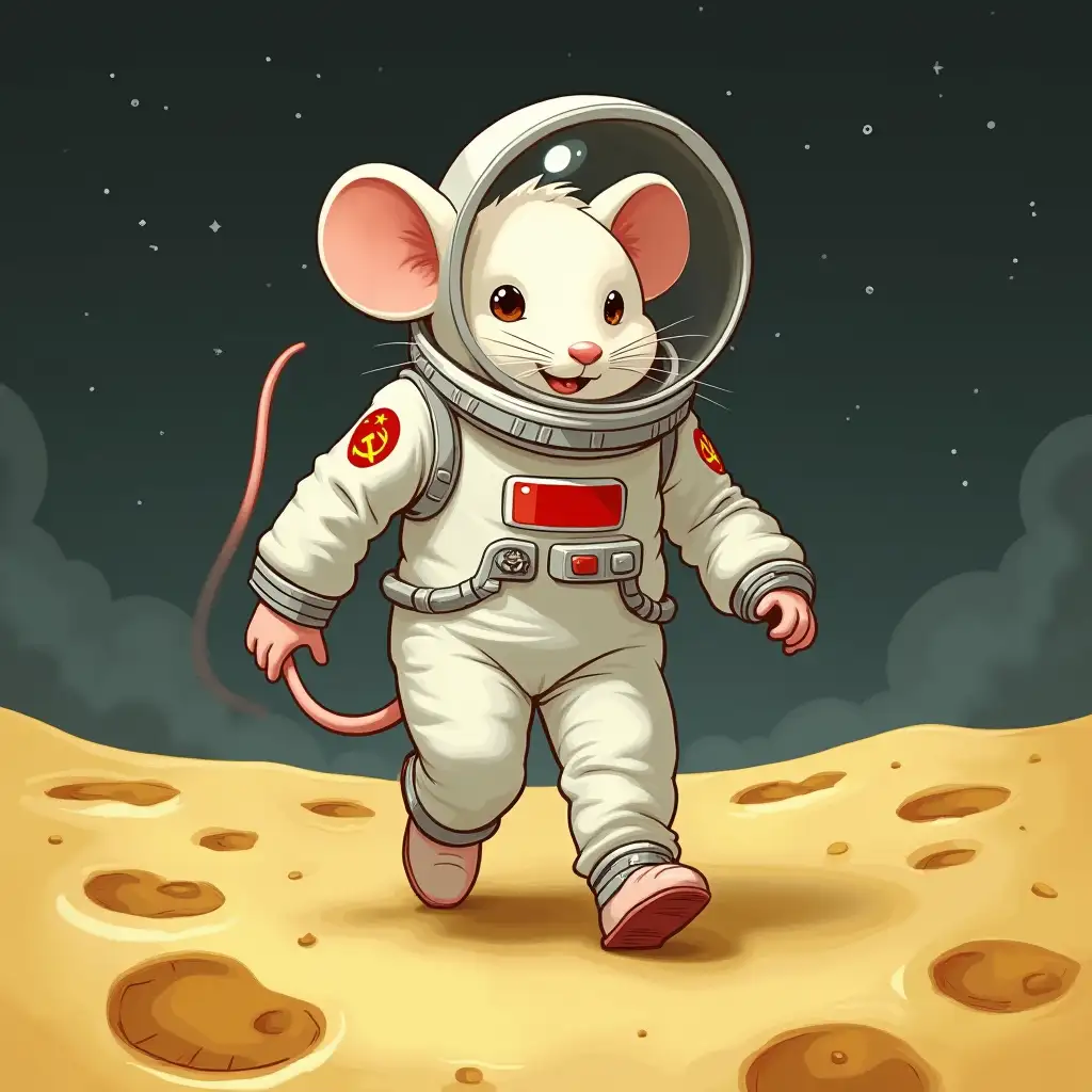 A white mouse in a spacesuit with a Soviet flag on the sleeve, walks on the moon made of cheese, classic style.