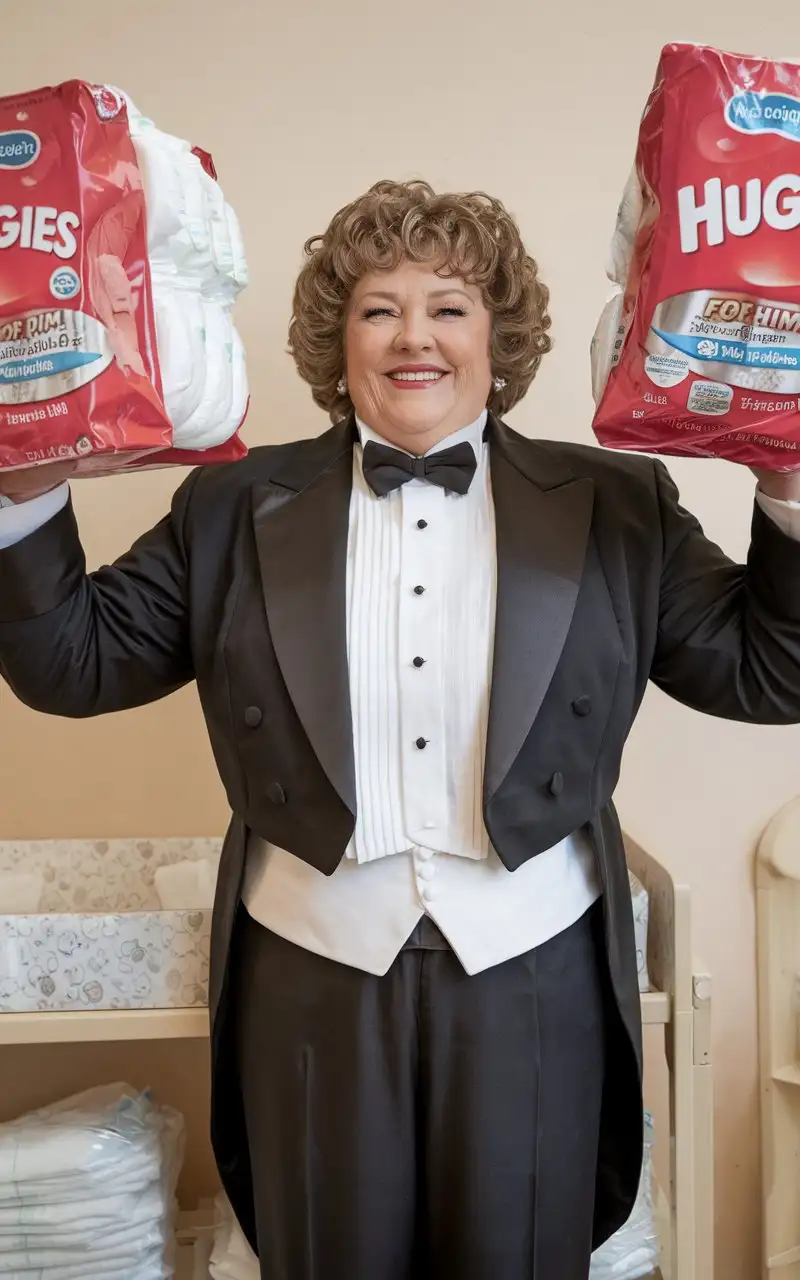 MiddleAged-Woman-in-Formal-Tuxedo-Holding-Huggies-at-Nursery-Changing-Table