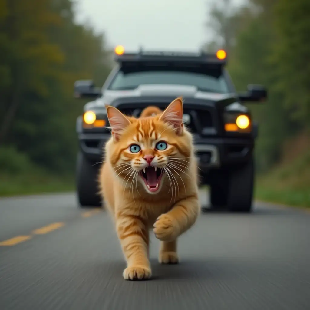 A fluffy ginger cat, in horror, runs along the road, one eye blue, the other yellow, a large black RAM TRX car chases after it