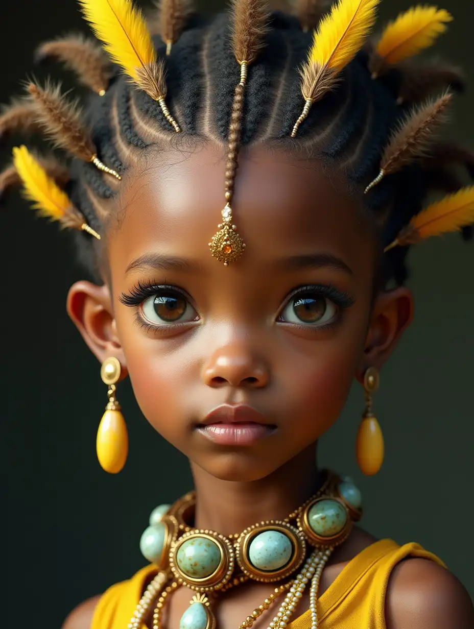 A girl with an unusual hairstyle of braids and feathers, stone jewelry on her neck and in her ears, She has huge eyes with long eyelashes, Yellow and Gold, random angle, hyperrealism, Intricacy, (Masterpiece:1.5), (best quality:1.5).