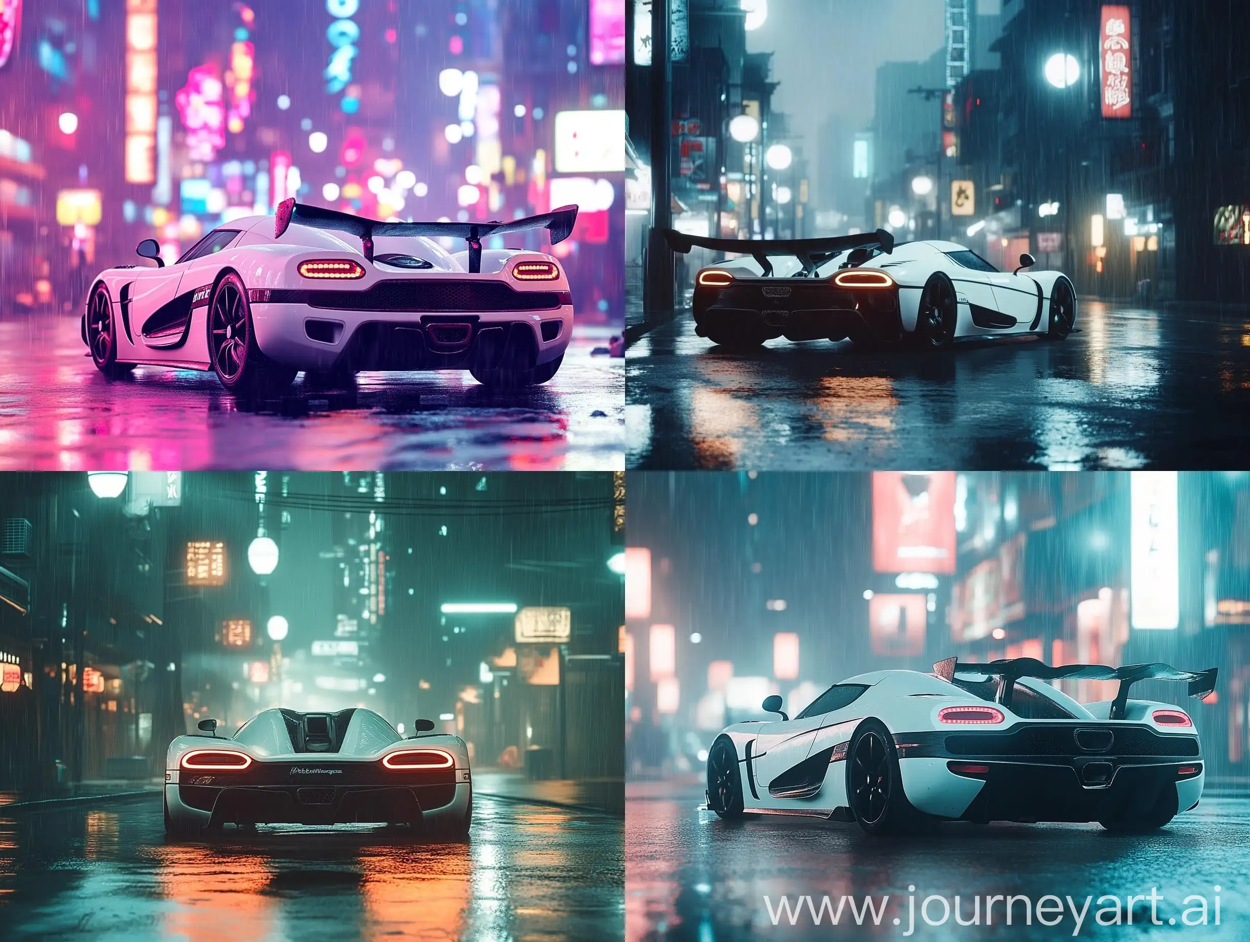 White-Koenigsegg-Sports-Car-in-Neon-City-Rain-at-Night