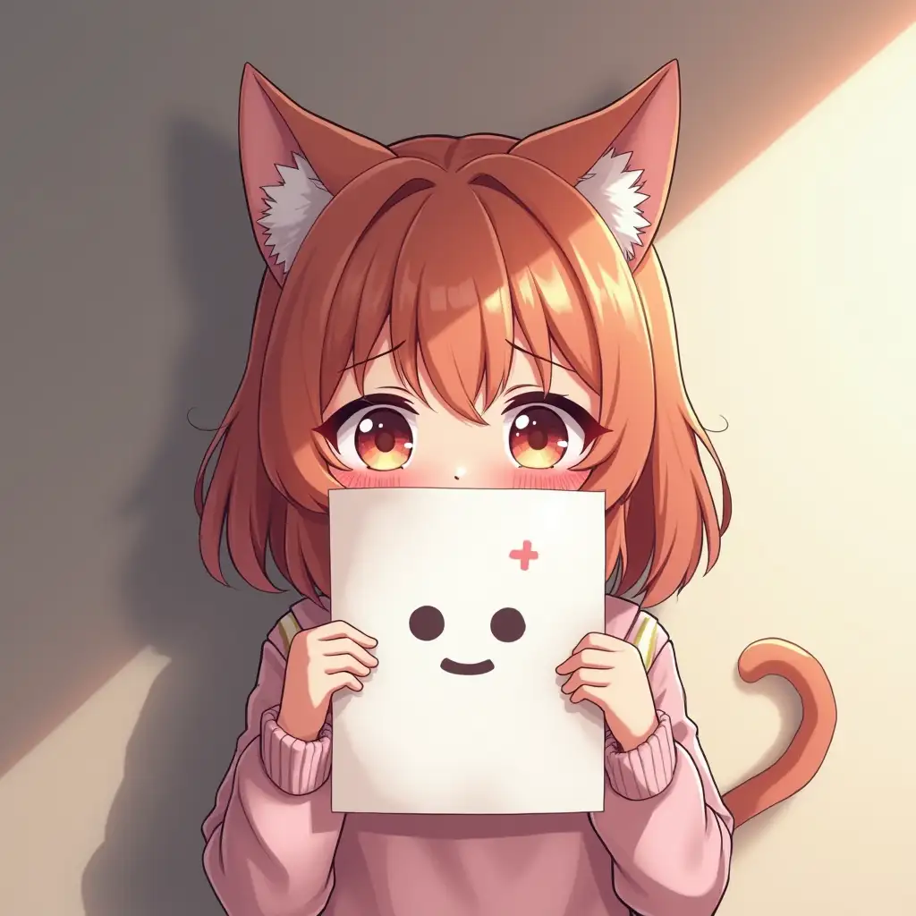 beautiful anime artwork, a cute anime catgirl that looks depressed holding a piece of paper with a smile drawn on it over her mouth, she is about to cry