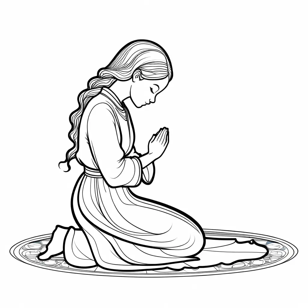 a demure girl kneeling in prayer, Coloring Page, black and white, line art, white background, Simplicity, Ample White Space. The background of the coloring page is plain white to make it easy for young children to color within the lines. The outlines of all the subjects are easy to distinguish, making it simple for kids to color without too much difficulty