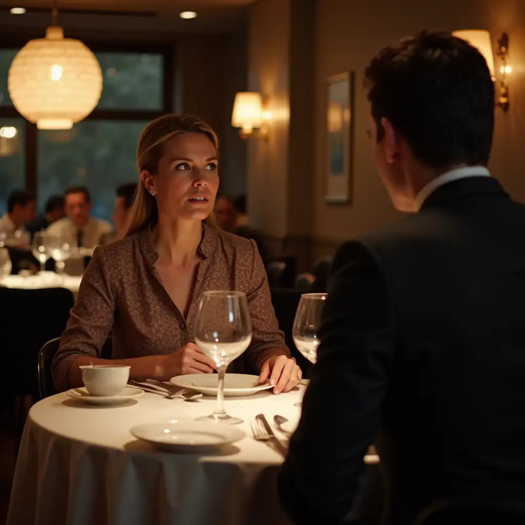 an angry looking woman sitting across a nervous man at a fine dining restaurant