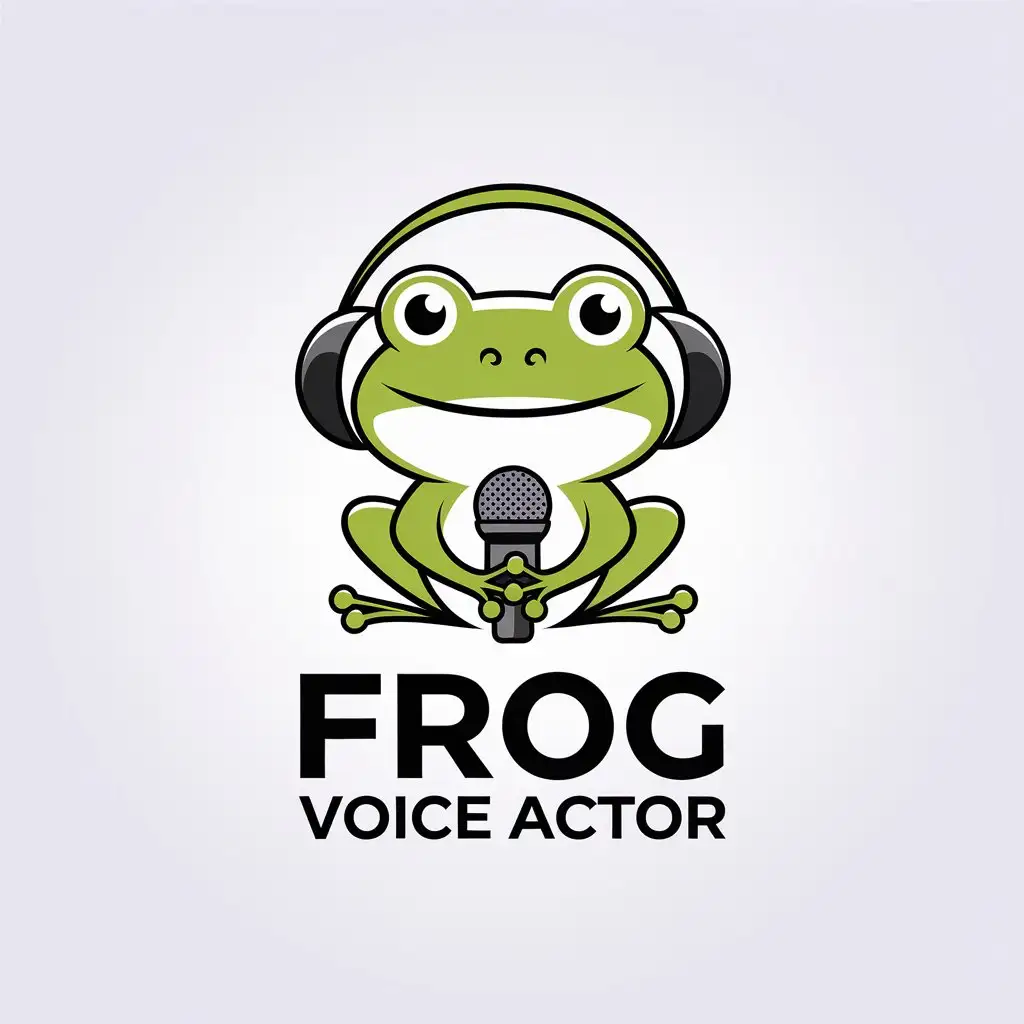 a vector logo design,with the text "frog voice actor", main symbol:Cute frog, smile, microphone, headphones,Minimalistic,be used in Animals Pets industry,clear background