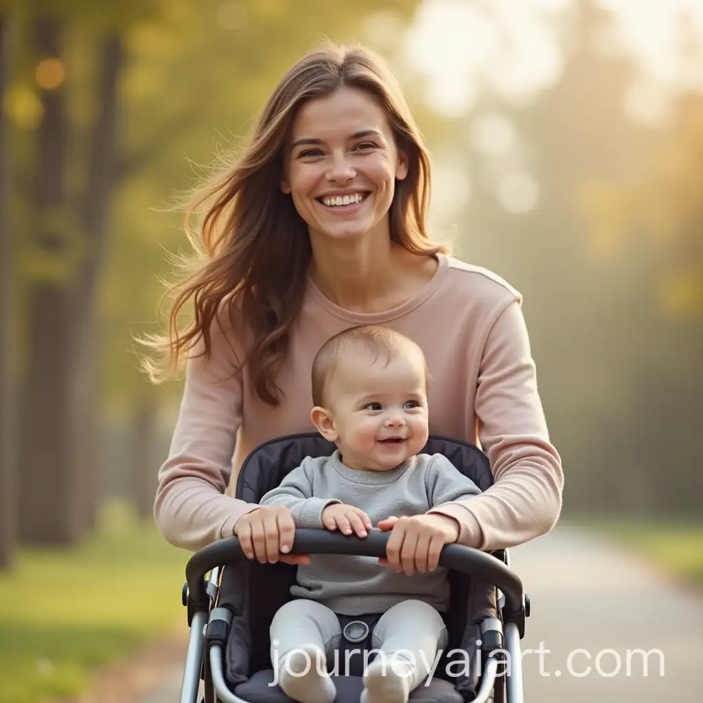 Happy-Young-Mother-Pushing-Pram-in-a-Serene-Outdoor-Setting