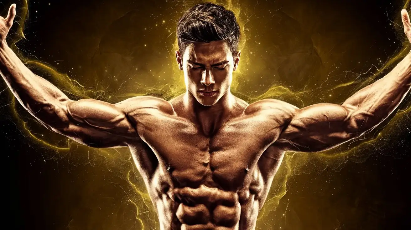 A powerful benevolent force gives a hugely ripped muscle man awesome superpowers. Luminous golden energy. 23 years old.