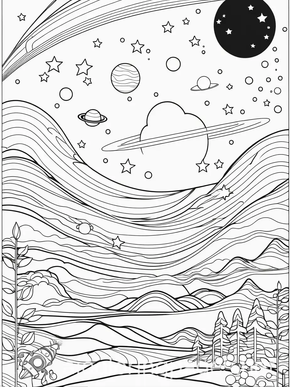 exploring space, Coloring Page, black and white, line art, white background, Simplicity, Ample White Space. The background of the coloring page is plain white to make it easy for young children to color within the lines. The outlines of all the subjects are easy to distinguish, making it simple for kids to color without too much difficulty