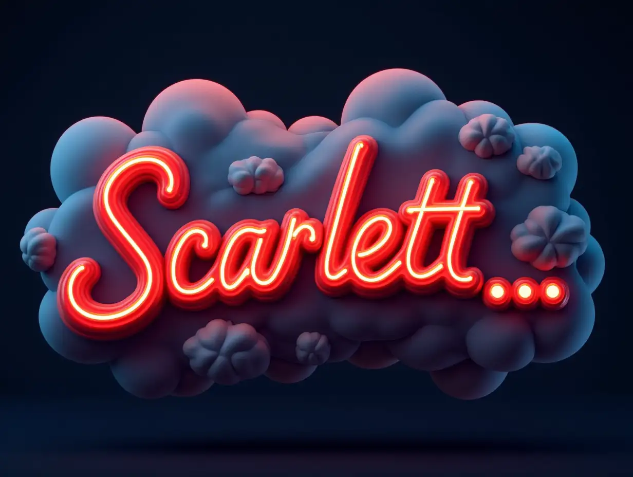 realistic 3D composition with curved letters, inscription Scarlett_. animated luminous, dark with gradient and multi-color elements, front view. Above the inscription chat logo imitating comic book clouds