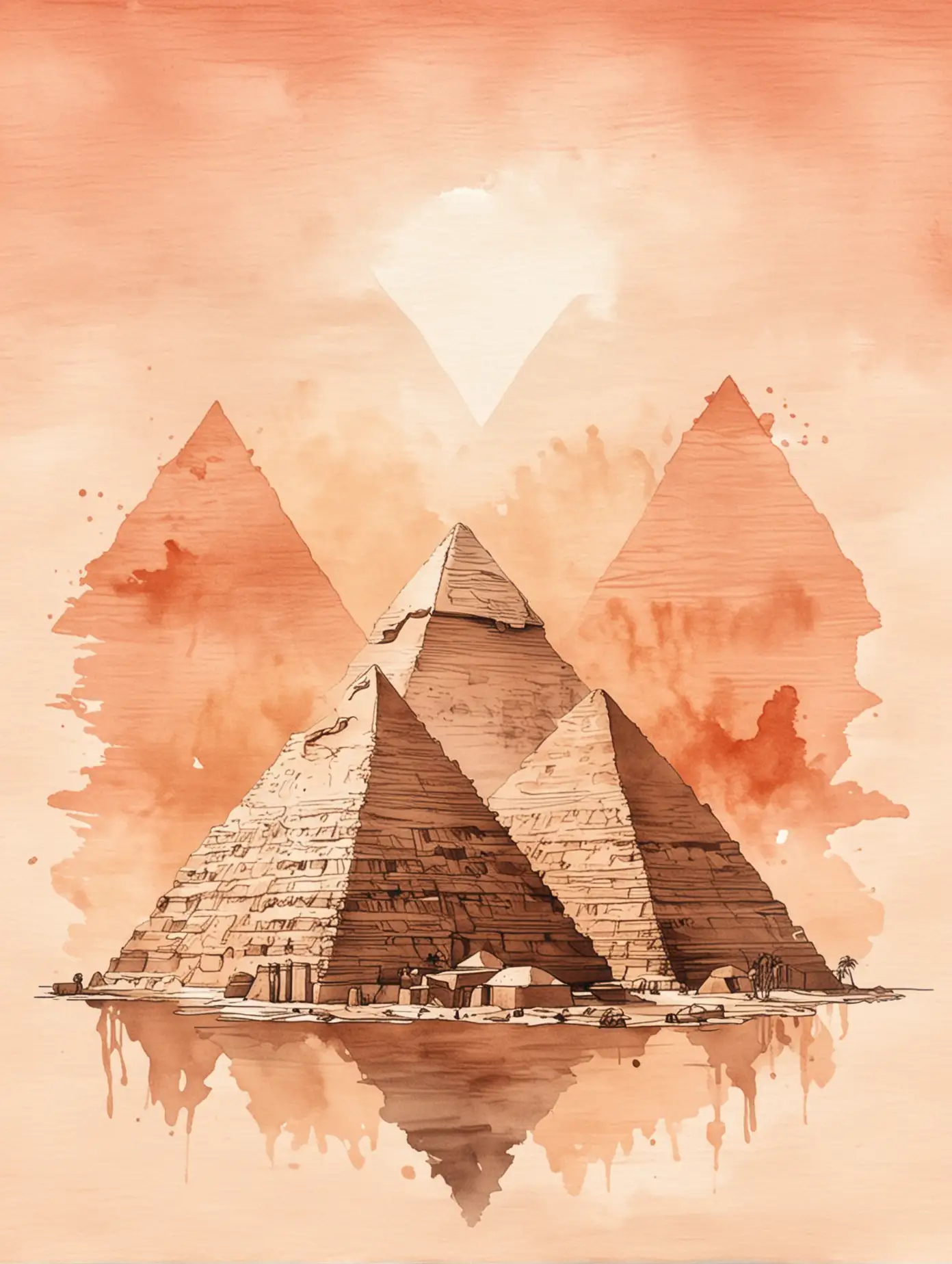 Digital Illustration of Pyramids in Blush Watercolor and Ink Wash