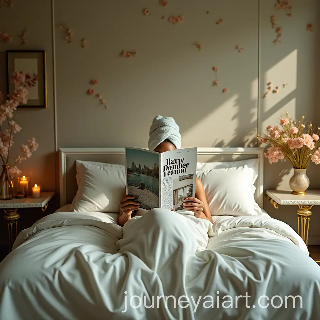 Luxurious-Bedroom-with-Elegant-Side-Tables-and-a-Woman-Reading-a-Magazine