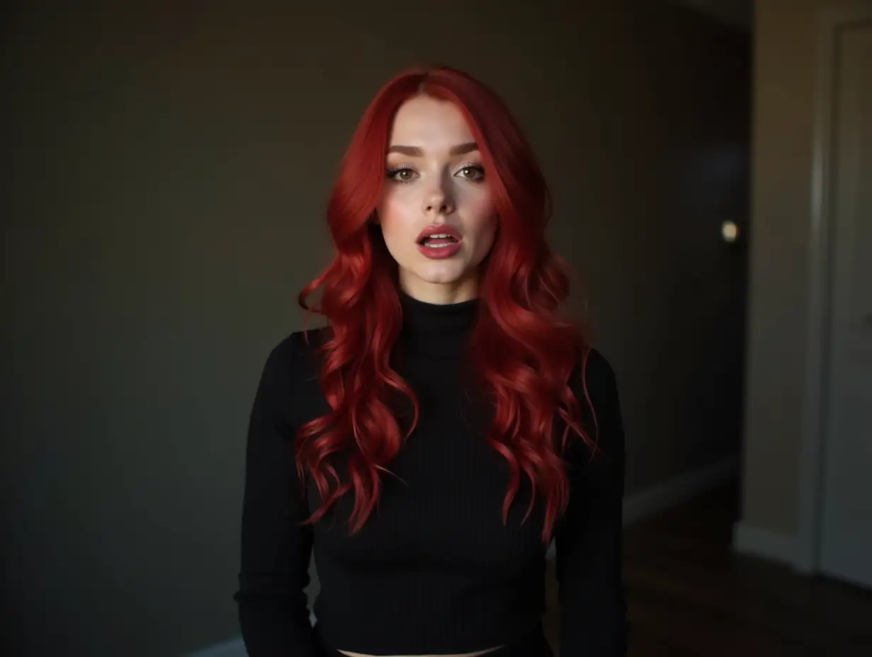 front of camera, speaking, a gothic girl portrait influencer, red hair,  black clothes, tradewife